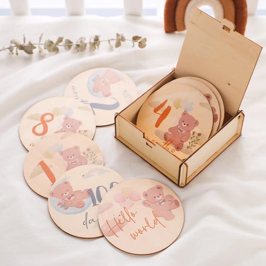 Wooden Baby Bear Milestone Cards with Storage Box